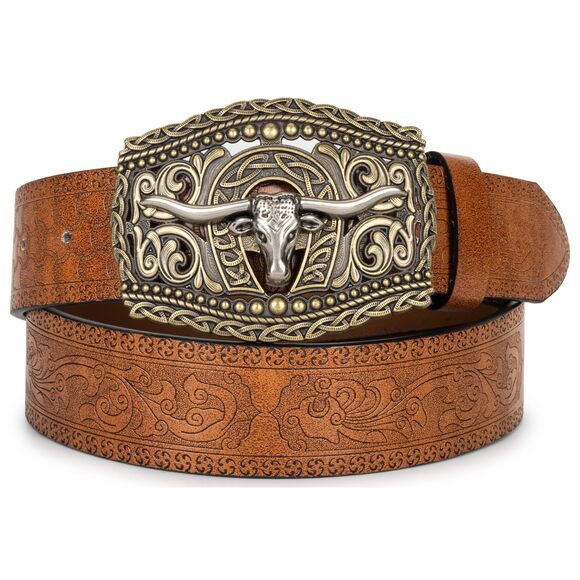 Сауsер Accessories - Western-cowboy-cowgirl-belt - Longhorn-bull-pattern-engraved-belt Pu Leather😄
